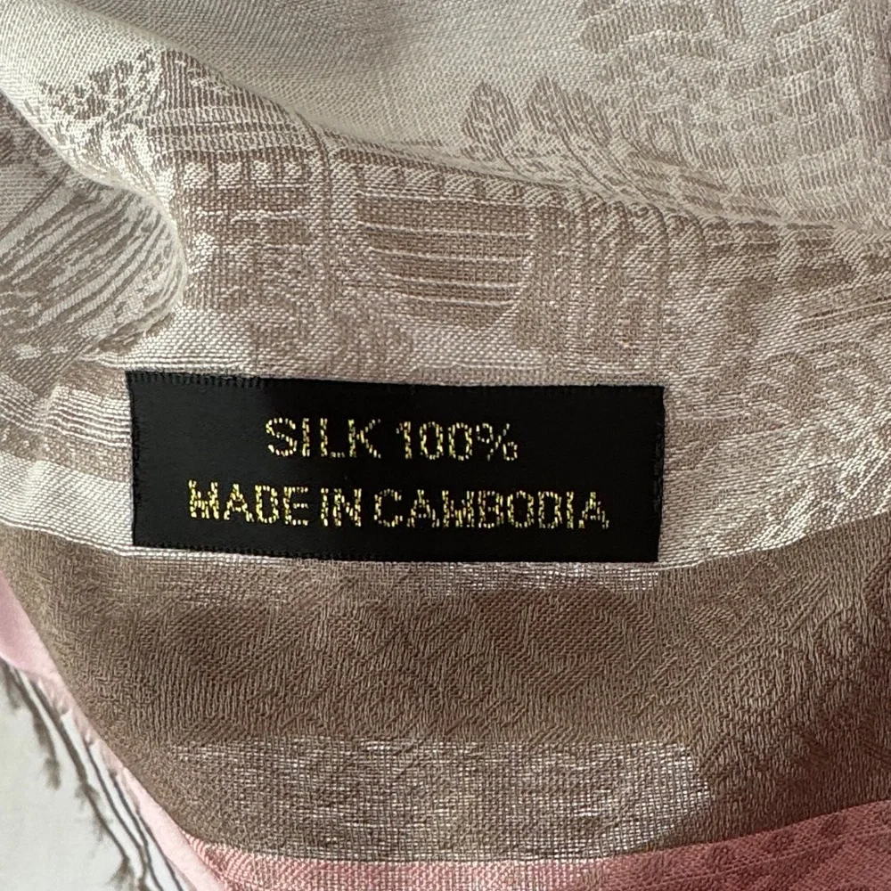 Elegant Pink and Brown Silk Striped Scarf with Angkor Wat Motif.